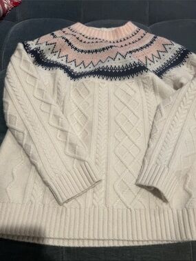 J. Crew Cream Cable-Knit Crewneck Sweater with Pink & Navy Fair Isle Yoke